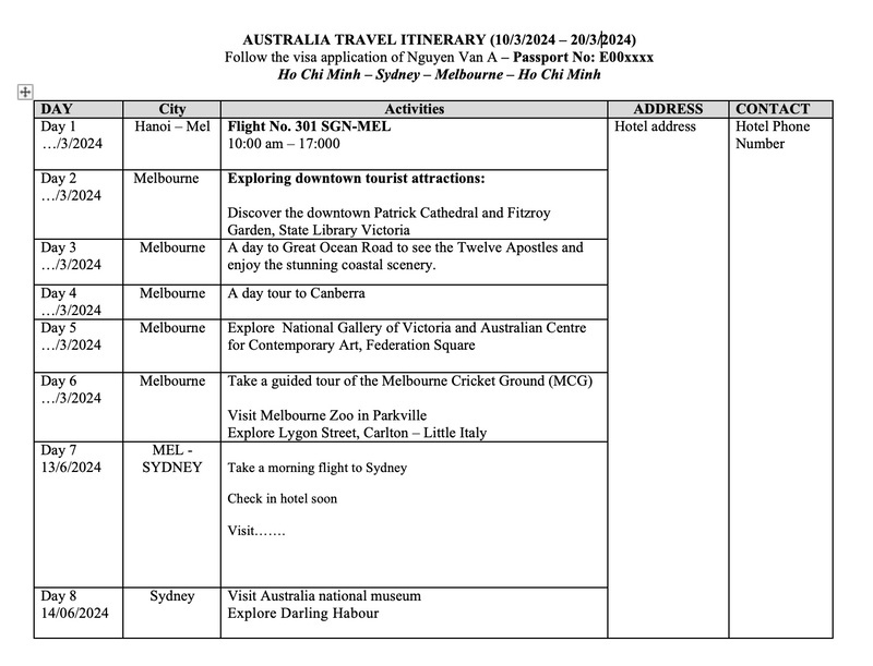 Mẫu lịch trình xin visa du lịch Úc (Ảnh: Sưu tầm)